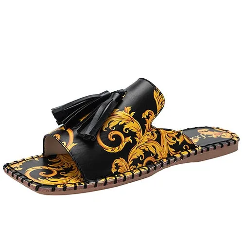 Back to school Amozae  Women Home Summer Slippers Woman Retro Mules Tassel Totem Square Toe Slides Ladies Casual Flats Female Comfortable Plus Size