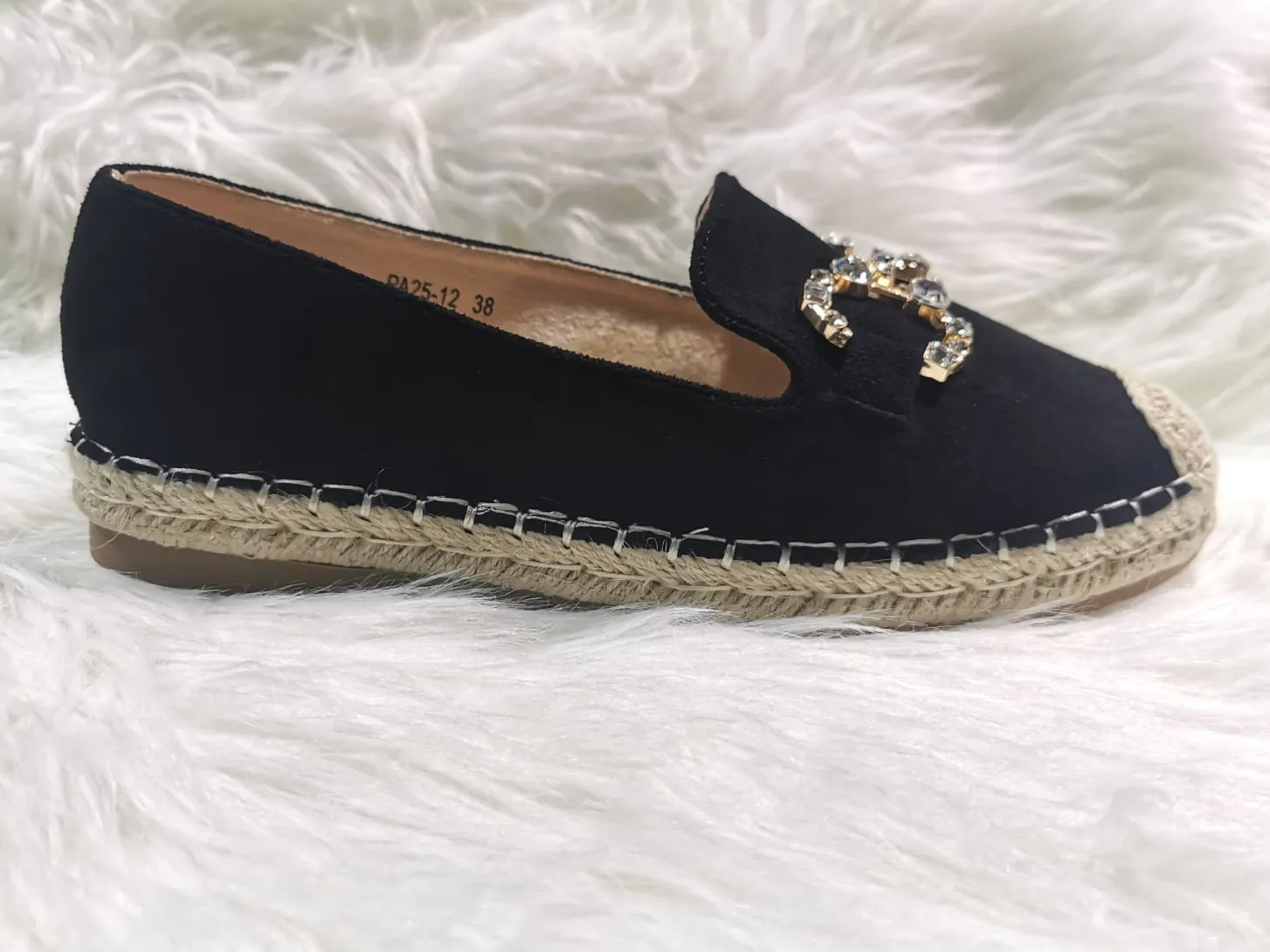 BLACK CRYSTAL EMBELLISHED FAUX SUEDE SLIP ON ESPADRILLE