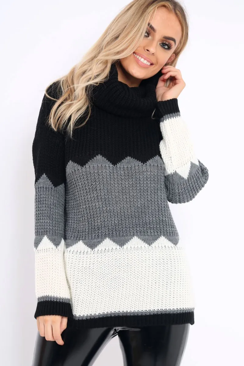 Black Grey and Cream ZigZag Patterned Roll Neck Jumper - Nataley