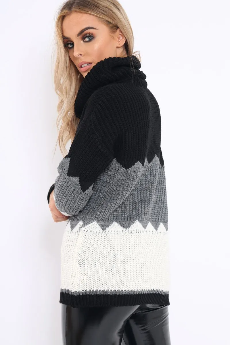 Black Grey and Cream ZigZag Patterned Roll Neck Jumper - Nataley