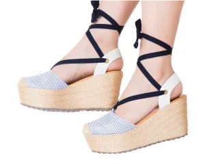 Espadrille Sandals Lace Up Blue Stripes