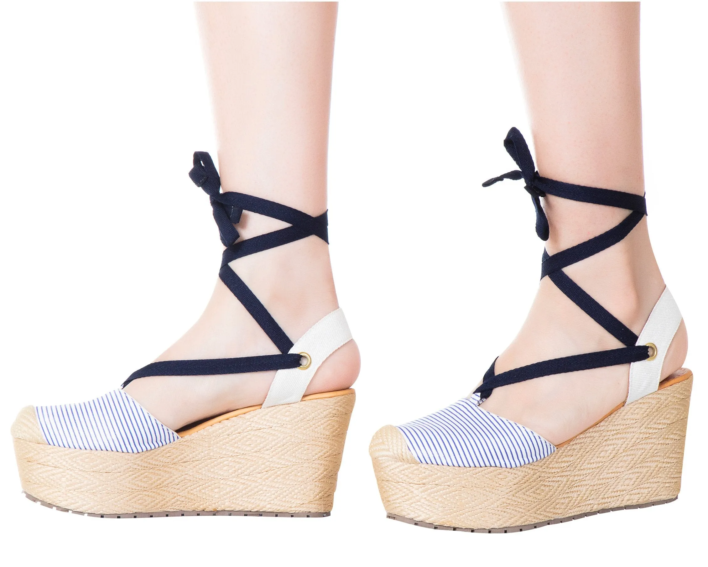 Espadrille Sandals Lace Up Blue Stripes