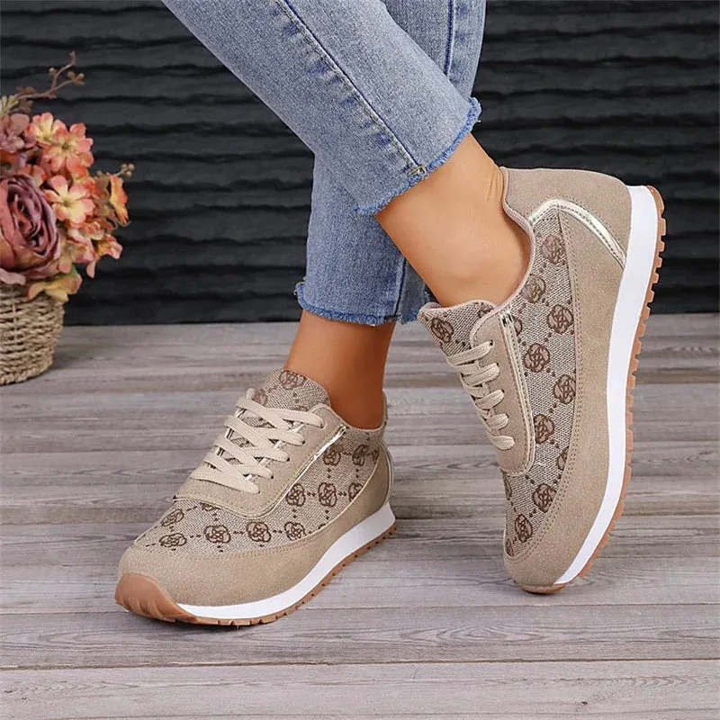 Flower Print Lace-Up Sneakers, Lightweight Casual Flats for Women