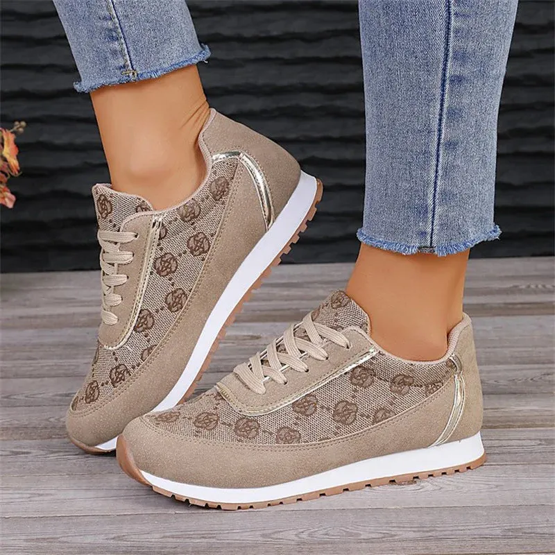 Flower Print Lace-Up Sneakers, Lightweight Casual Flats for Women