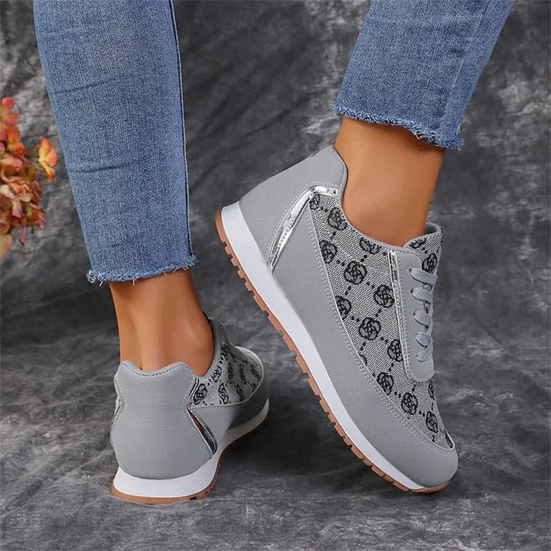 Flower Print Lace-Up Sneakers, Lightweight Casual Flats for Women