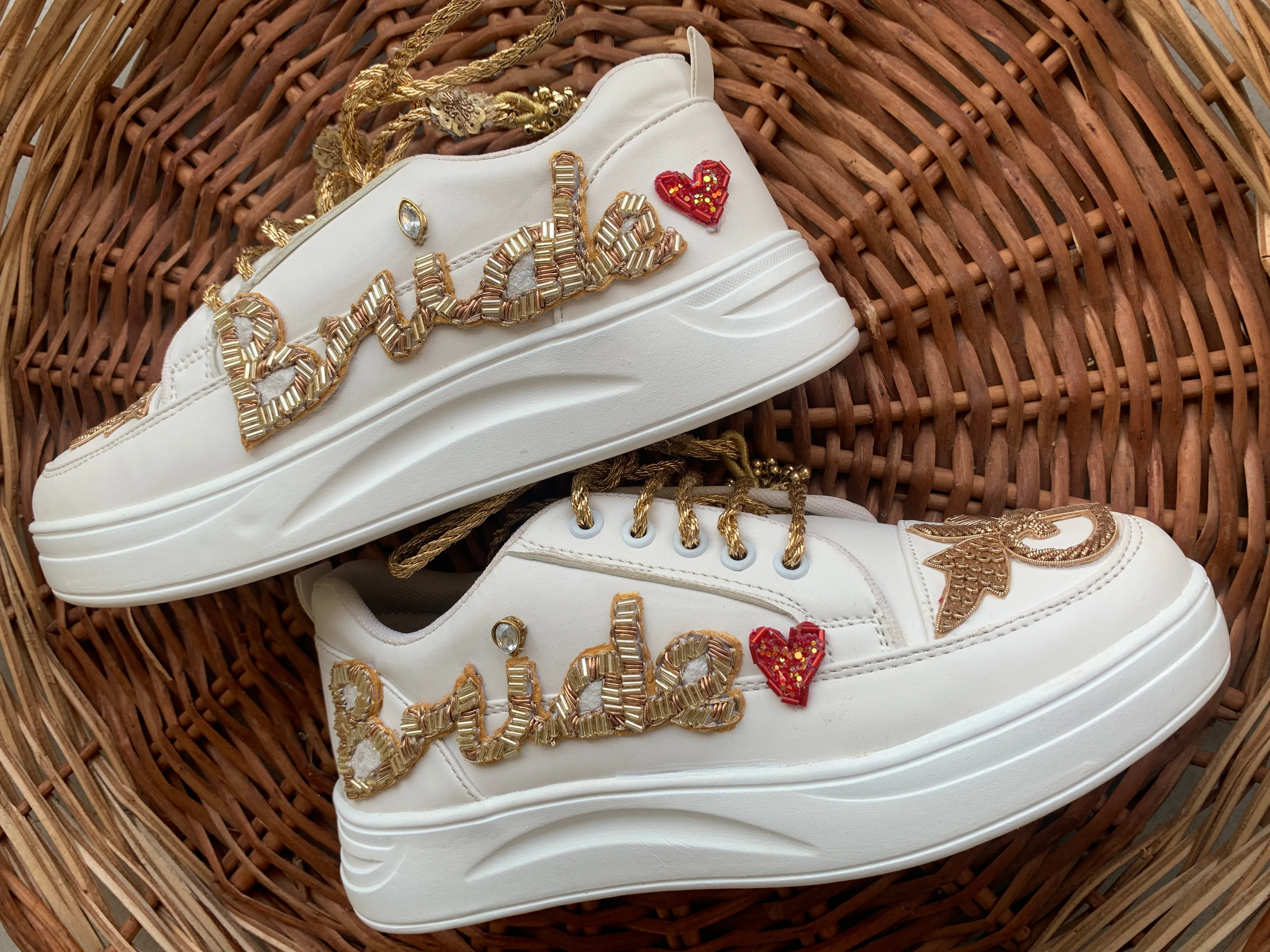 FUNKY N TRENDY “Bride” hand embroidered sneakers / bride shoes/customized shoes/ gold sneakers / golden shoes/ golden sneakers