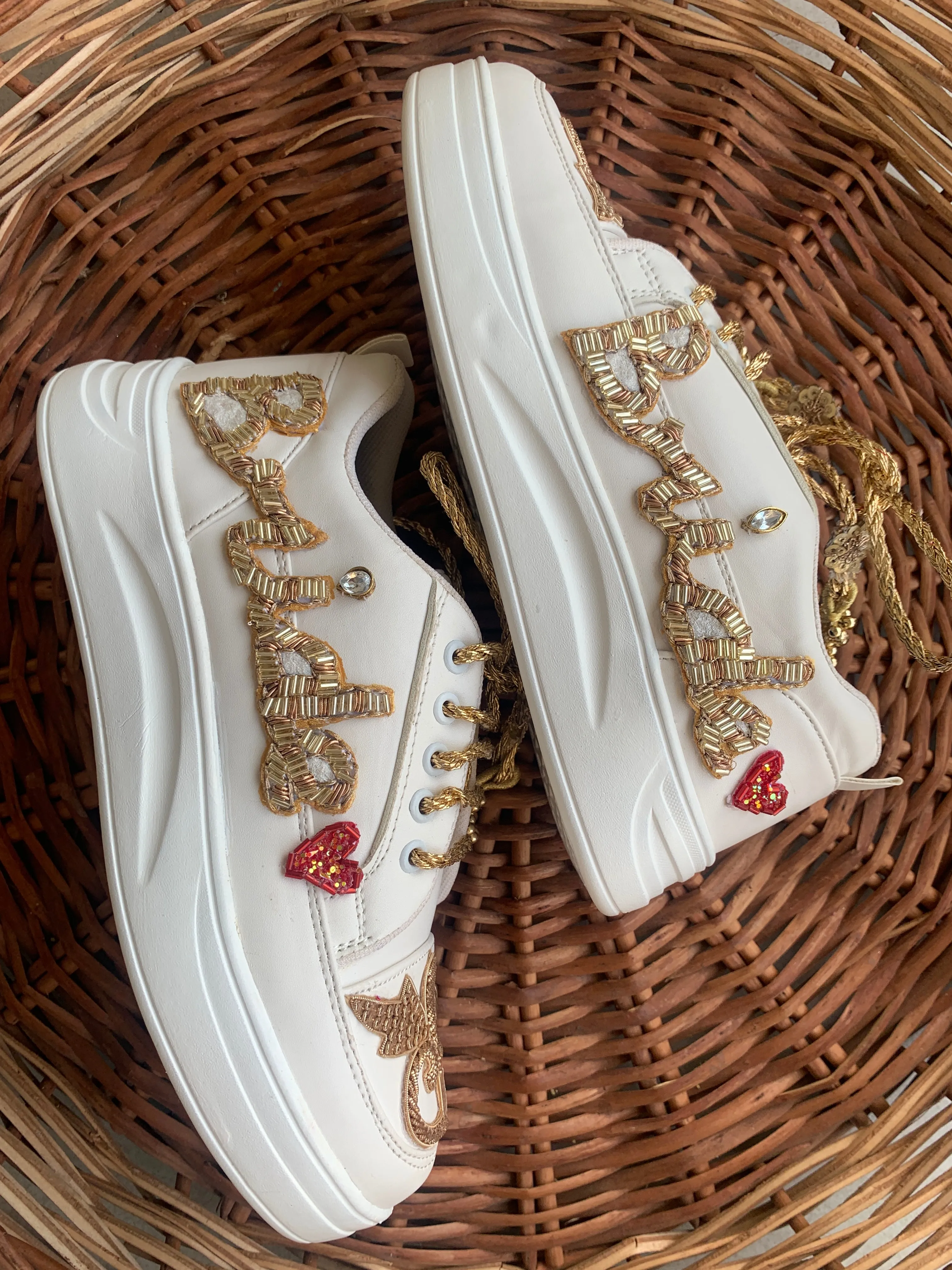 FUNKY N TRENDY “Bride” hand embroidered sneakers / bride shoes/customized shoes/ gold sneakers / golden shoes/ golden sneakers