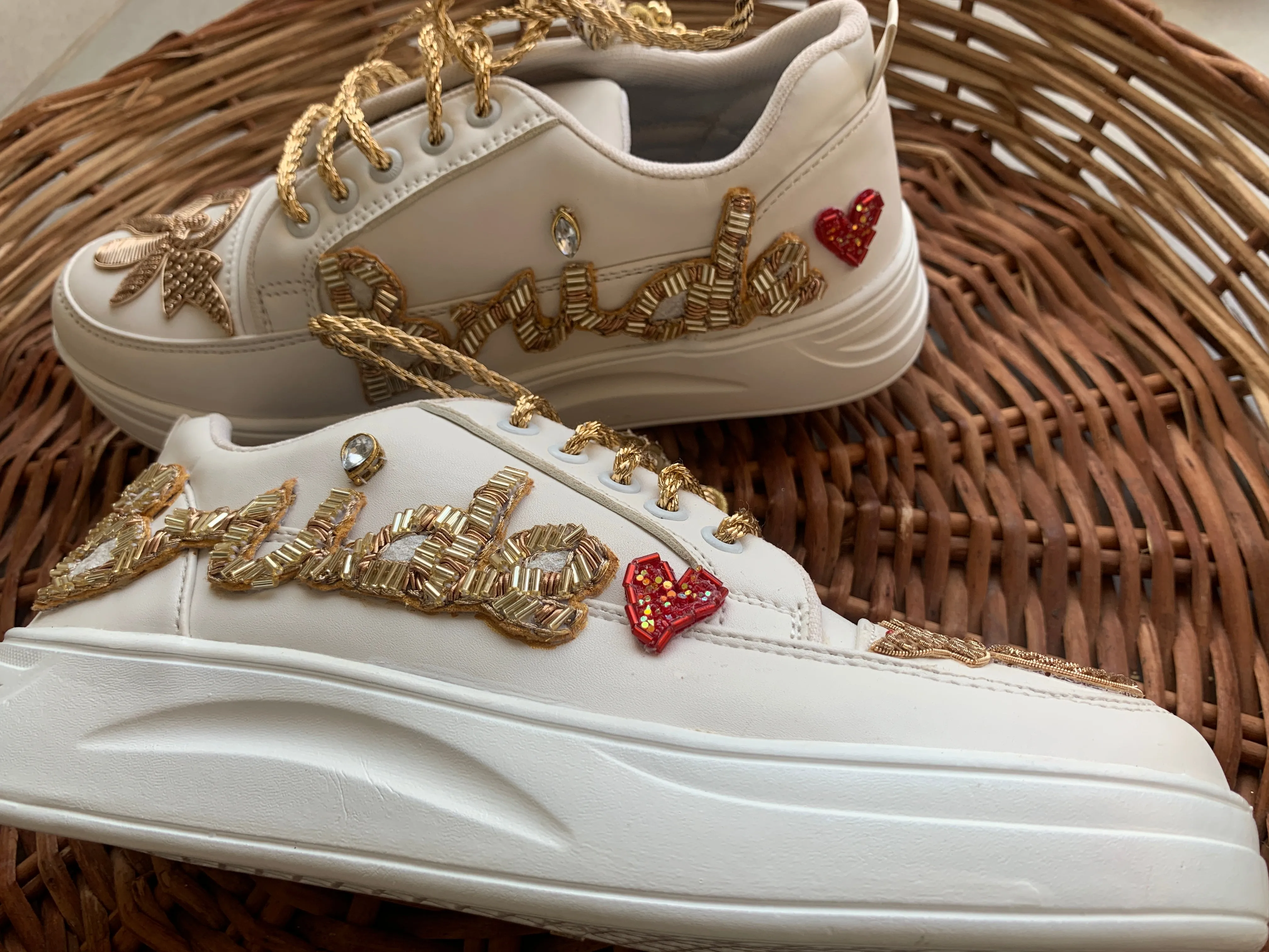 FUNKY N TRENDY “Bride” hand embroidered sneakers / bride shoes/customized shoes/ gold sneakers / golden shoes/ golden sneakers