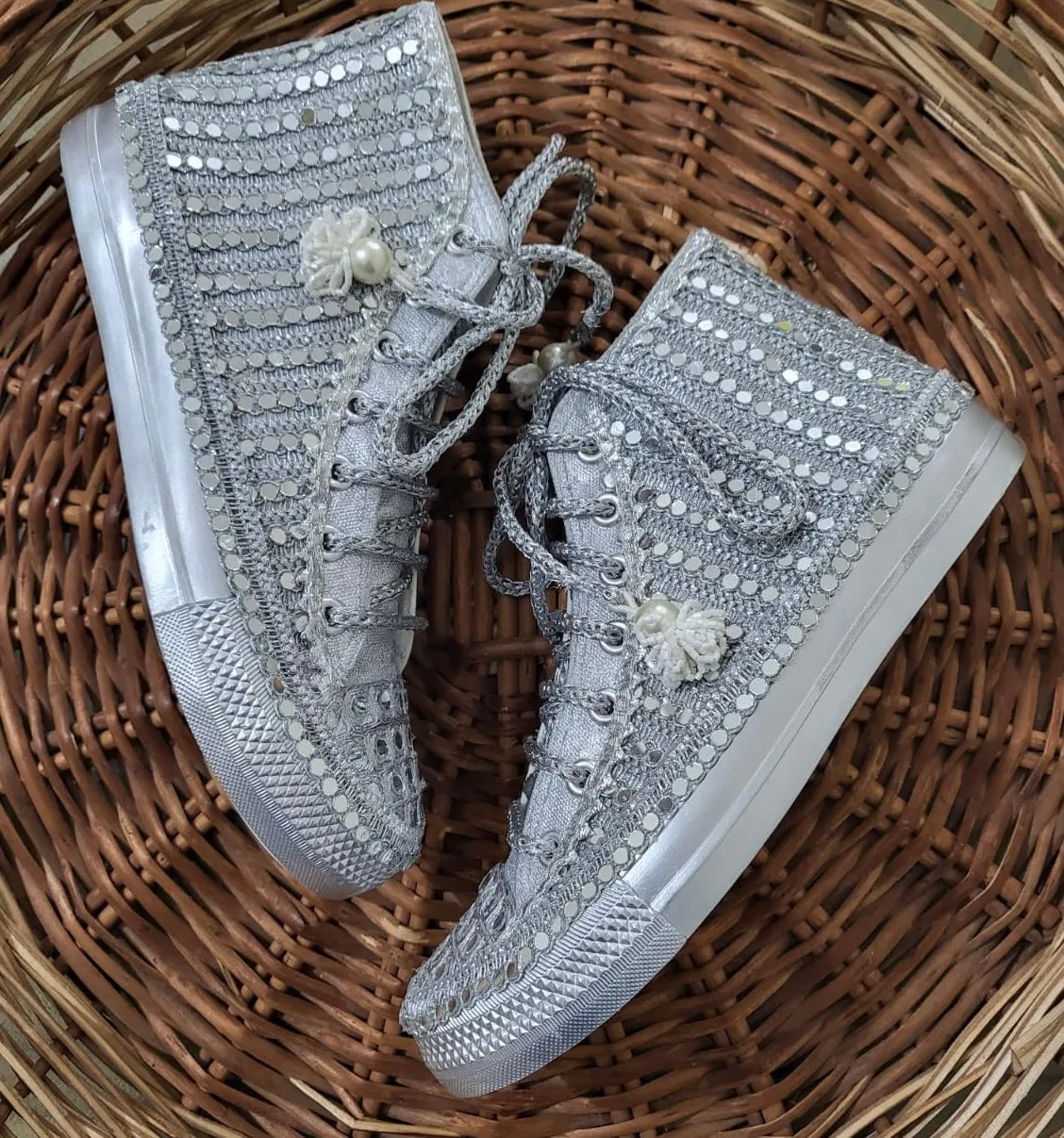 FUNKY N TRENDY Full mirror work silver sneakers for brides / bridesmaids/ silver sneakers / mirror sneakers / silver shoes/ for groom /unisex shoes