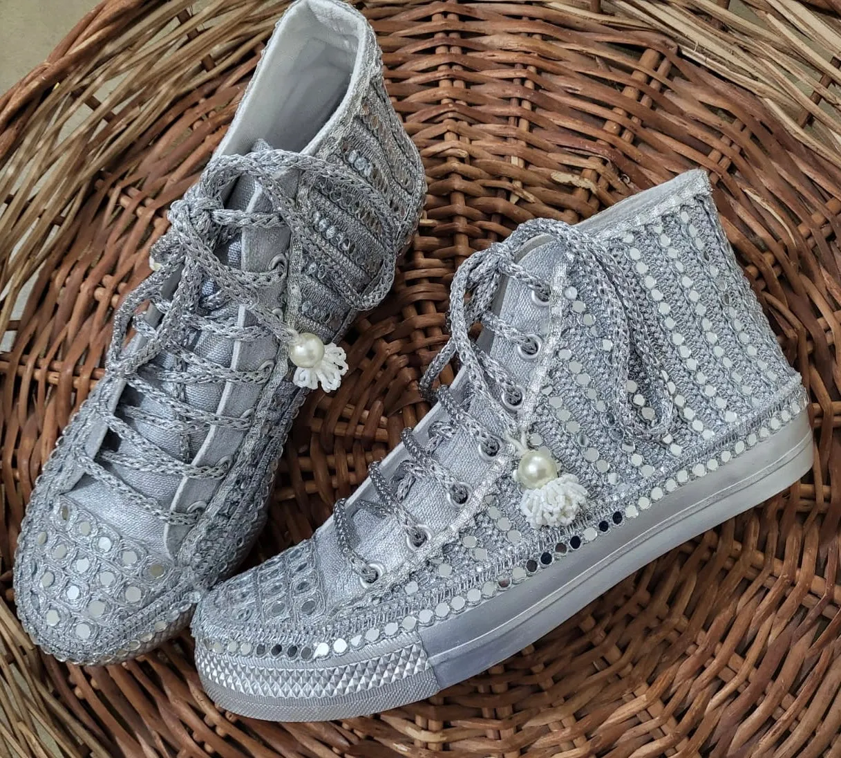 FUNKY N TRENDY Full mirror work silver sneakers for brides / bridesmaids/ silver sneakers / mirror sneakers / silver shoes/ for groom /unisex shoes