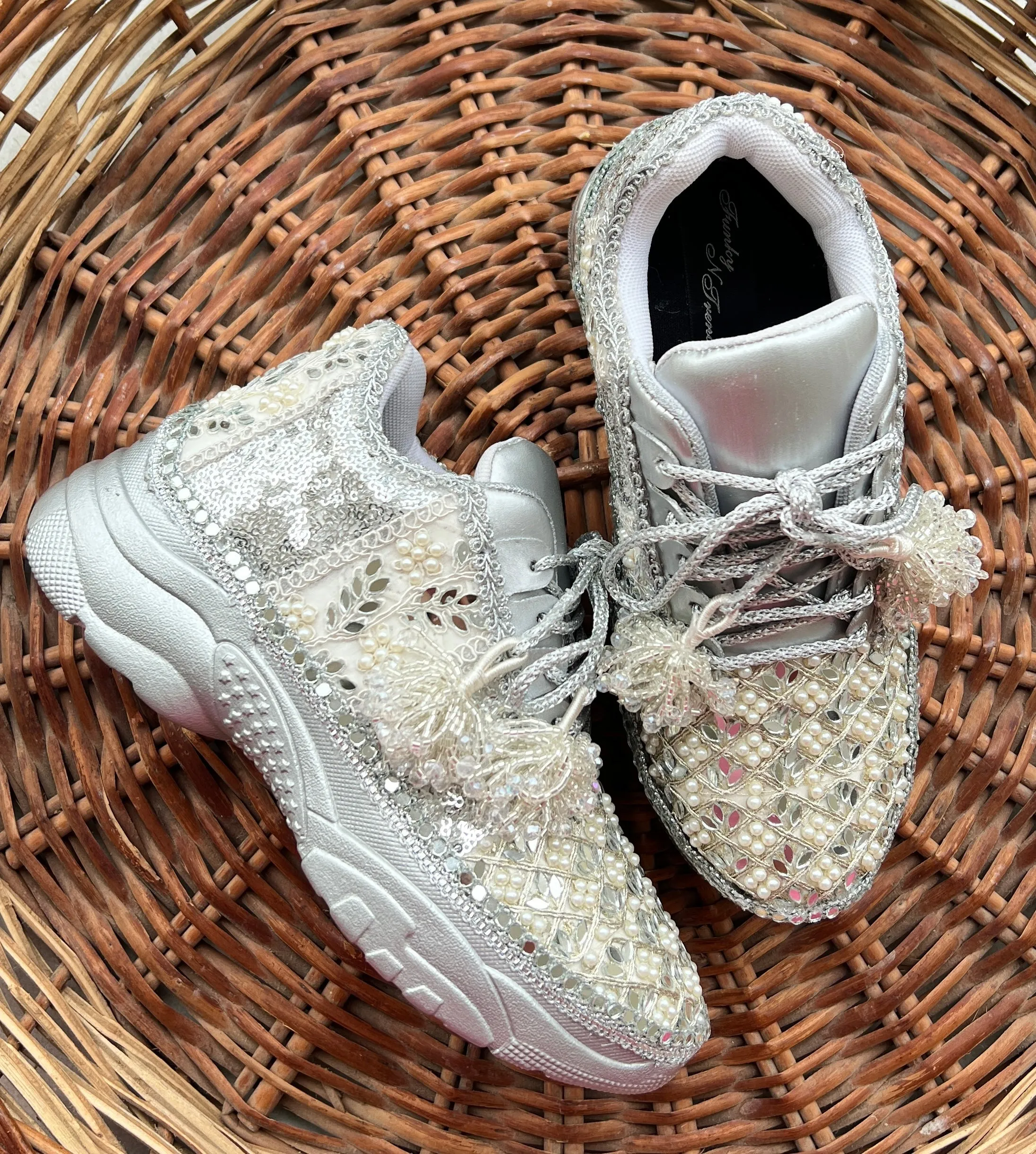 FUNKY N TRENDY hand work bridal sneakers / bridesmaid sneakers/ silver sneakers / silver shoes/mirror sneakers mirror shoes/ bride shoes