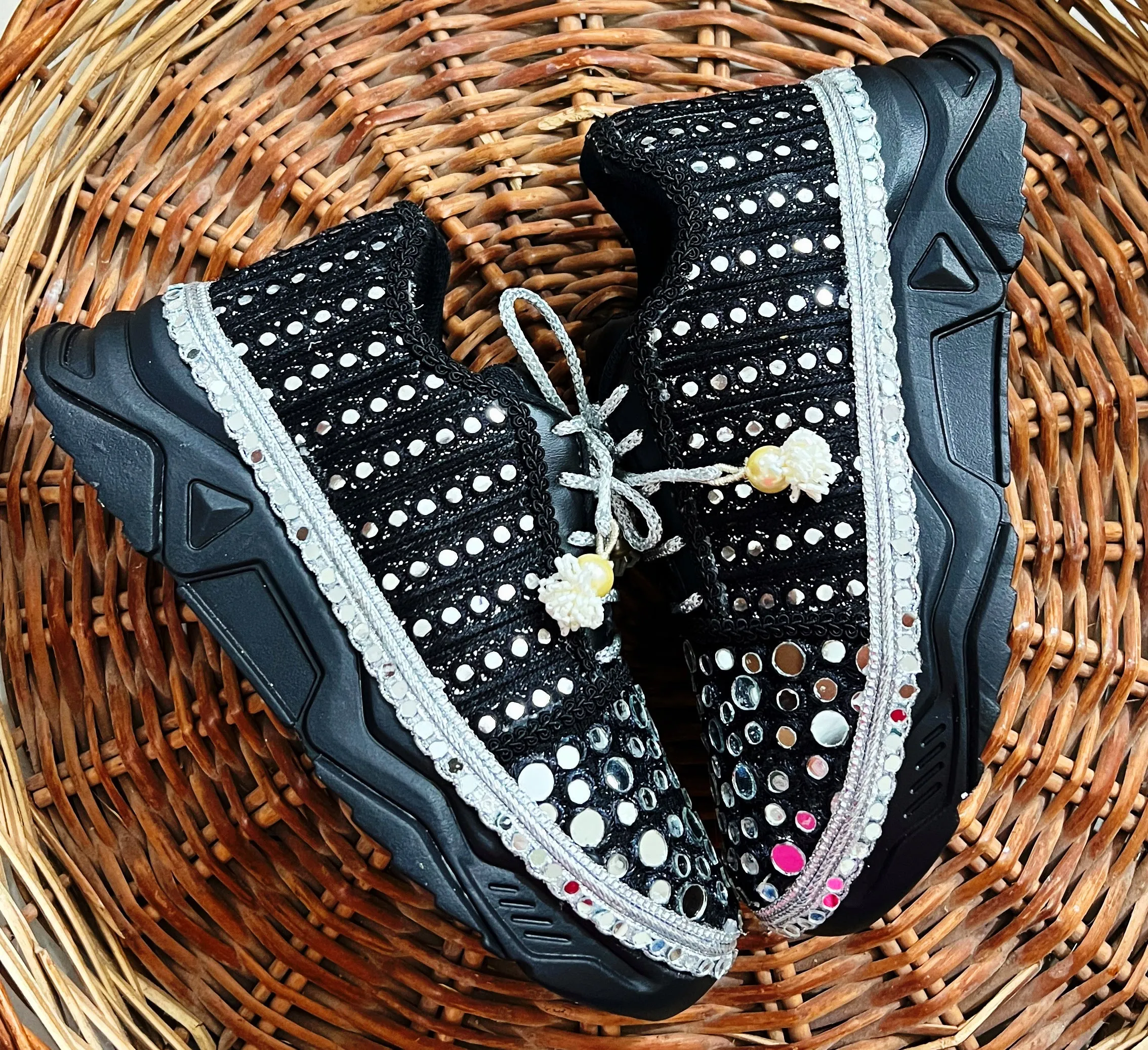 Funky N Trendy handcrafted mirror work bridal sneakers/ bridesmaid sneaker / black sneakers /black boho sneakers/ black shoes/ mirror sneakers