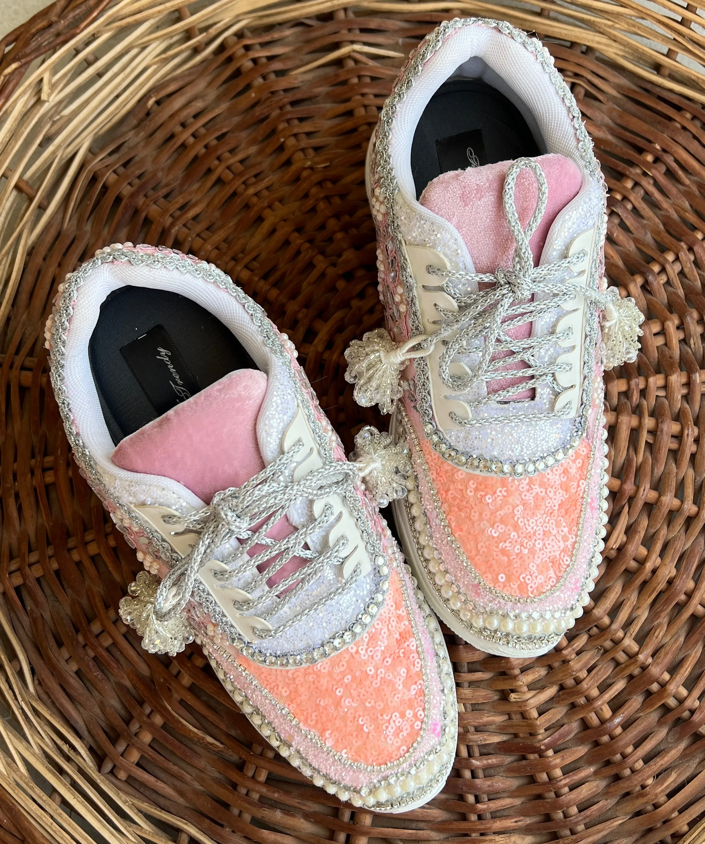 FUNKY N TRENDY peach/pink / pink embroidery sneakers with pearls detailing for brides / bridesmaid sneakers/ pink shoes / peach shoes/ bridal sneakers