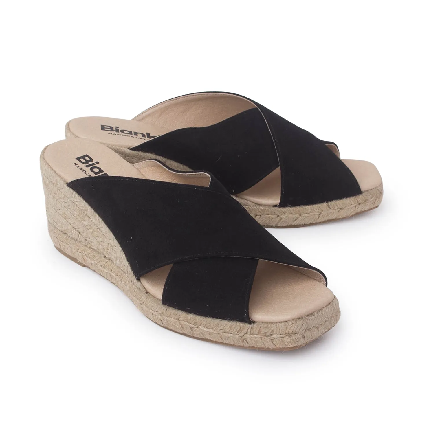 Genoa Cross Strap Vegan Suede Espadrille Wedges - Black