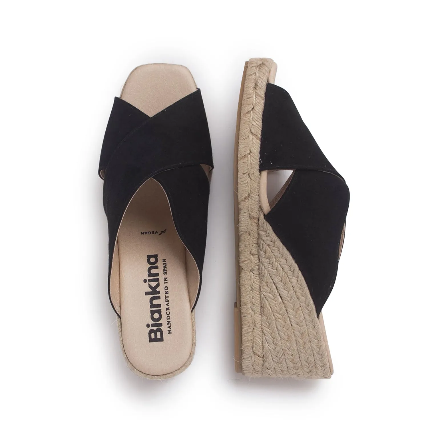 Genoa Cross Strap Vegan Suede Espadrille Wedges - Black