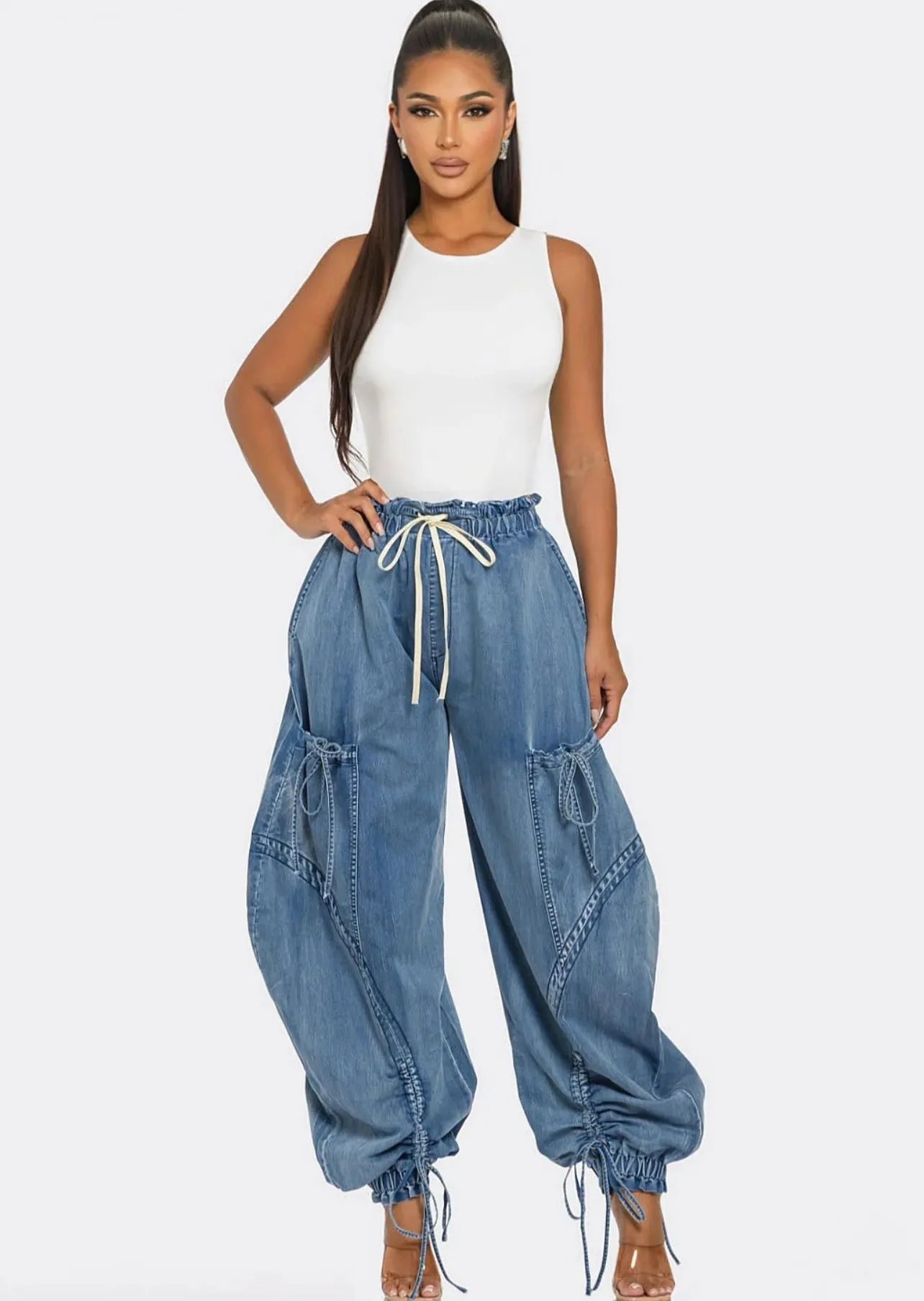 Get Loosed- Medium Washed Denim Drawstring Pant