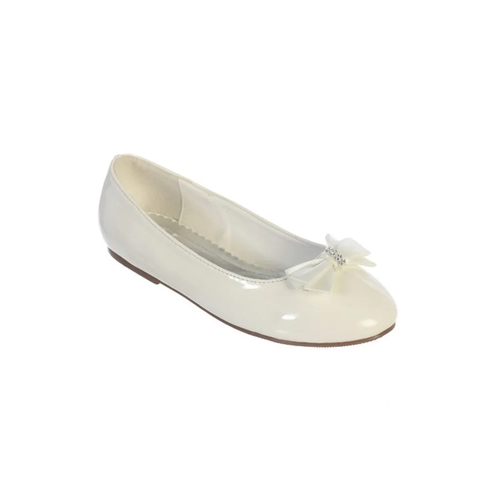 Girls Ivory Leather Satin Rhinestone Center Bow Accent Patent Flats 9 Toddler-5 Kids