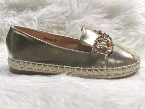 GOLD CRYSTAL EMBELLISHED FAUX LEATHER SLIP ON ESPADRILLE