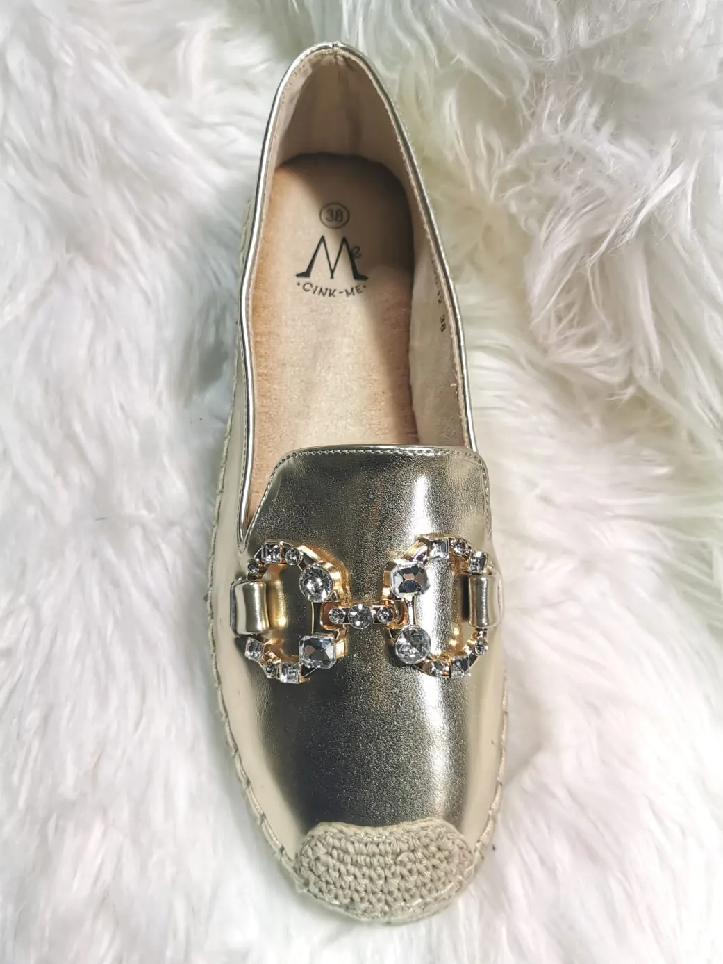 GOLD CRYSTAL EMBELLISHED FAUX LEATHER SLIP ON ESPADRILLE