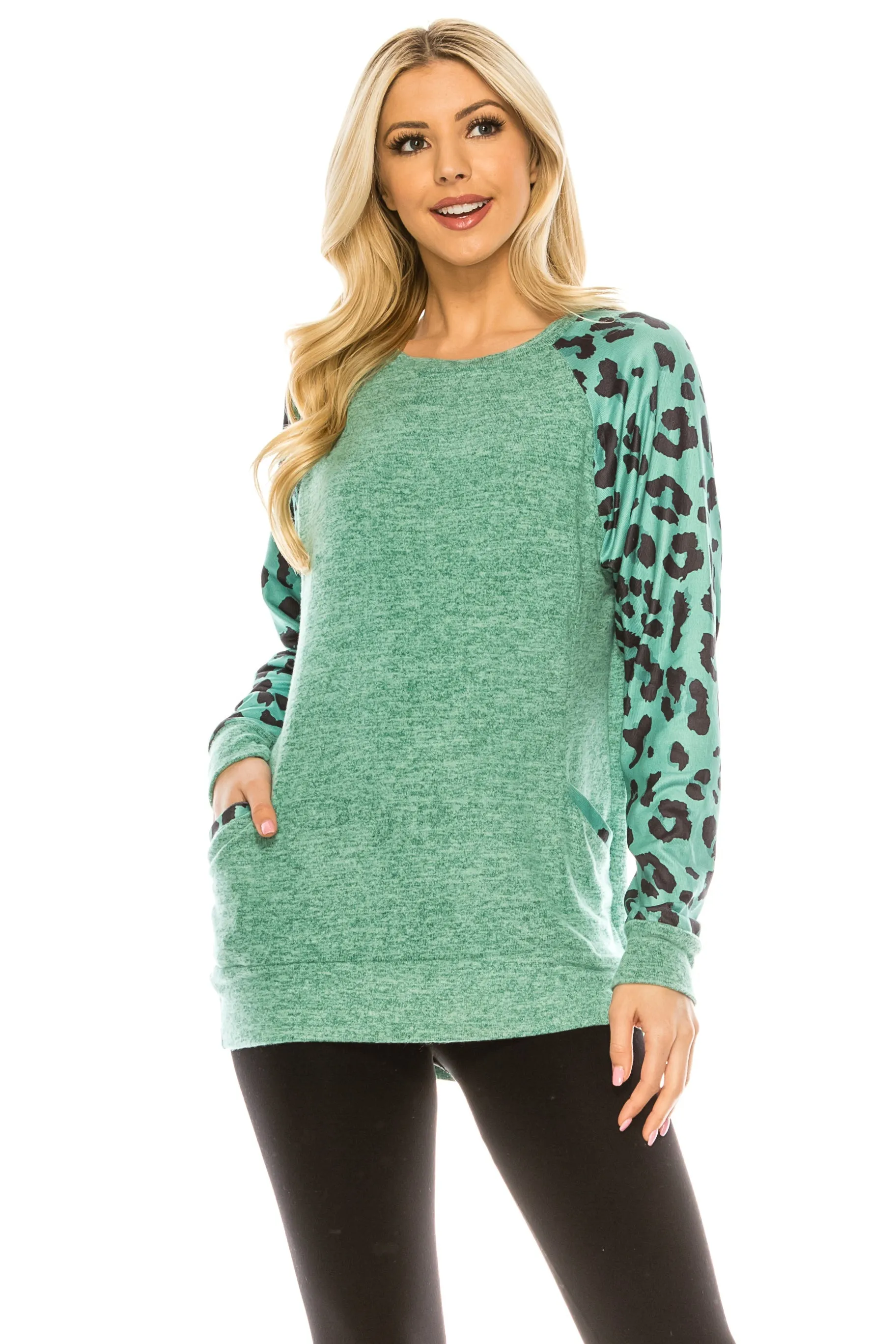 Haute Edition Women's Ultra Soft Long Sleeve Spring Pullover Leopard Raglan Sweatshirt