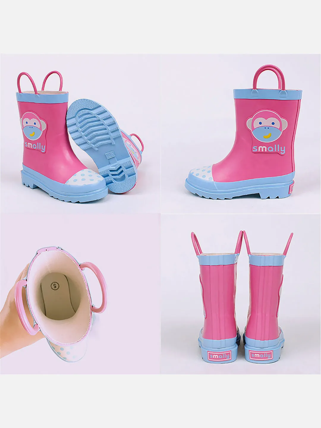 Little Surprise Box Pink Monkey Flexible Rubber Rain Gumboots for Toddlers and Kids