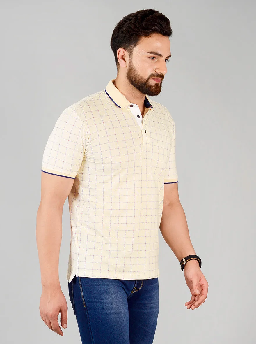 Pale Banana Yellow Printed Slim Fit Polo T-shirt | JadeBlue