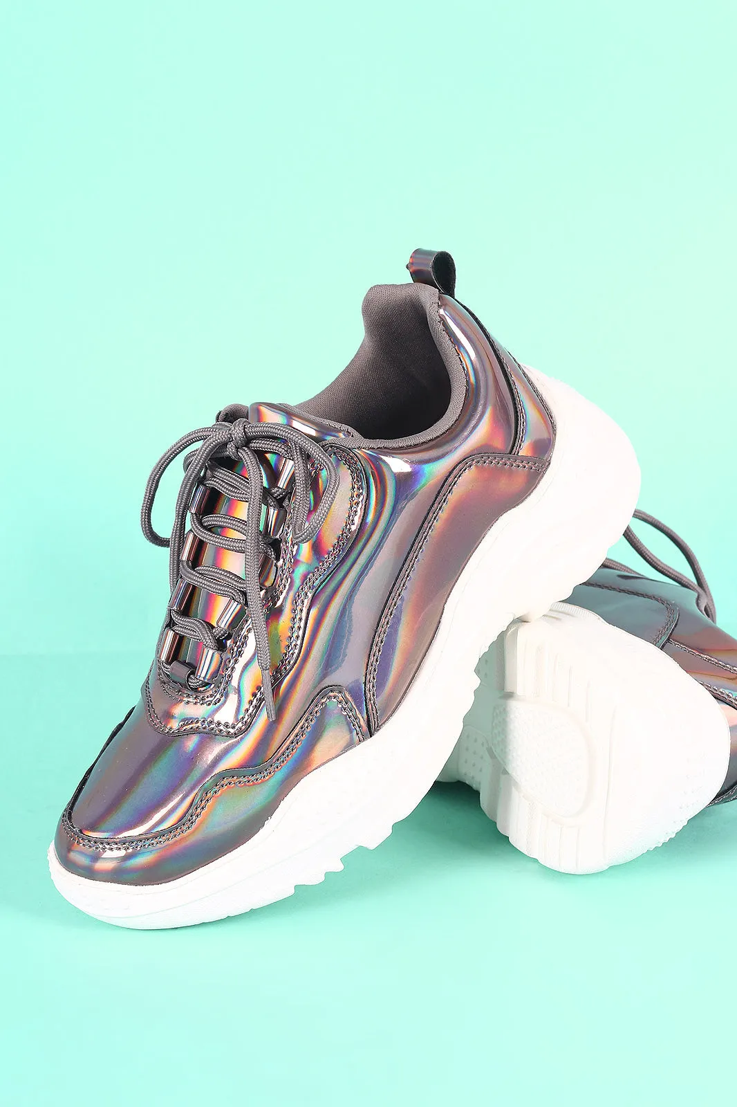 Qupid Holographic Patent Lace-Up Platform Sneaker