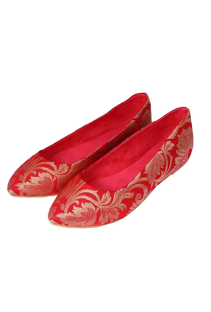 Red Brocade Pointed Toe Ballerina Flats