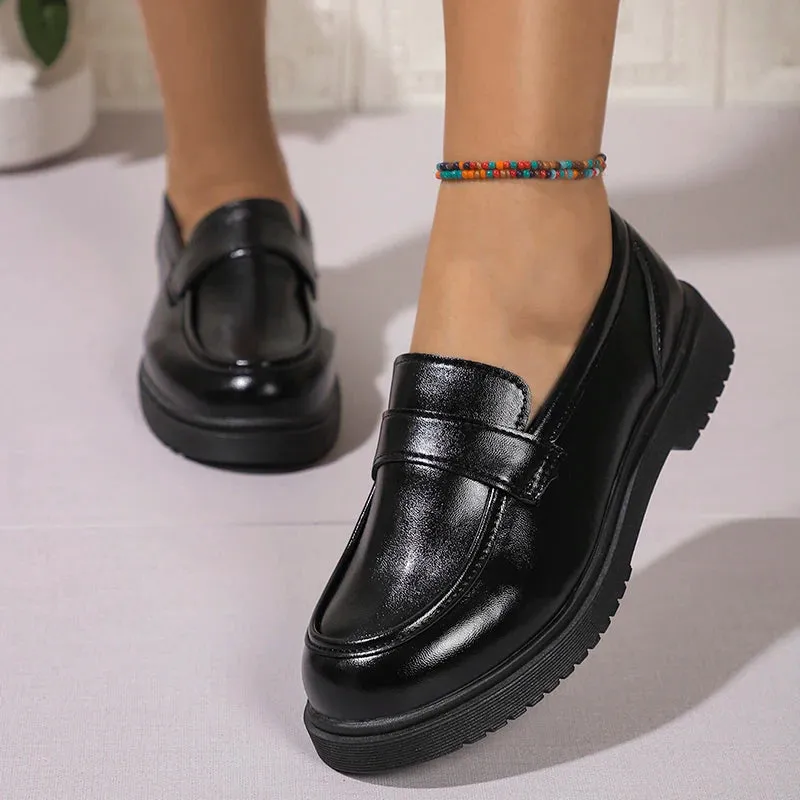 Sohiwoo Comfortable Soft Sole Loafers Women Spring Slip On Pu Leather Flats Shoes Woman Plus Size Thick Soled Dress Shoes Female 42