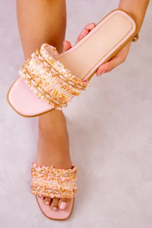 VACATION FLAT SLIDER SANDAL WITH WOVEN CHAIN DETAIL IN BLUSH PINK