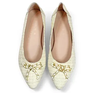 Vaness tweed flats with gold chain ribbon