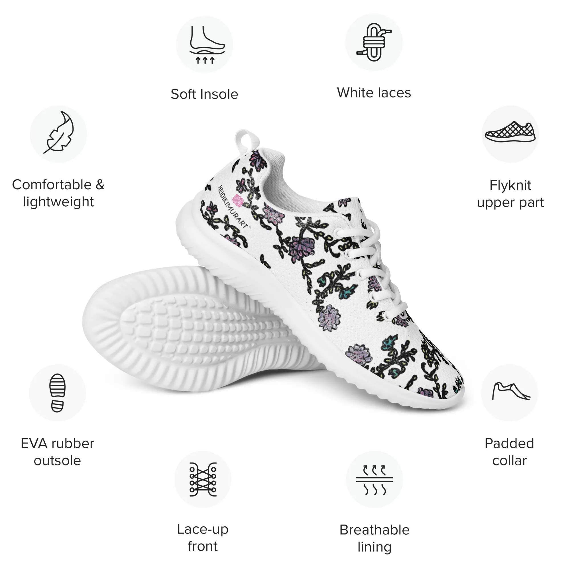 White Floral Men’s Athletic Shoes, Abstract Floral Print Modern Breathable Lightweight Men’s Athletic Shoes (US Size: 5-13)