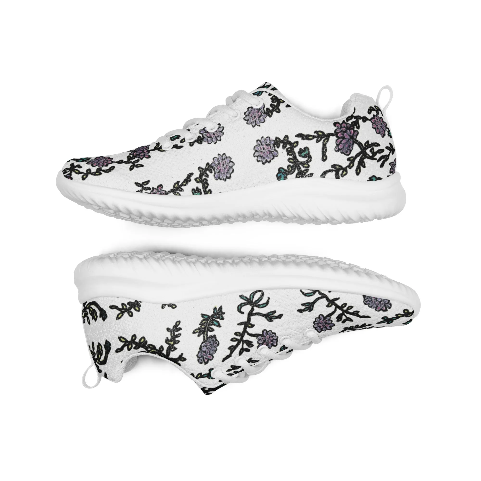 White Floral Men’s Athletic Shoes, Abstract Floral Print Modern Breathable Lightweight Men’s Athletic Shoes (US Size: 5-13)