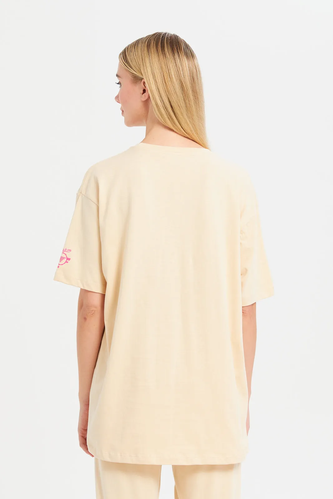 Women Apricot Oversize Printed T-Shirt