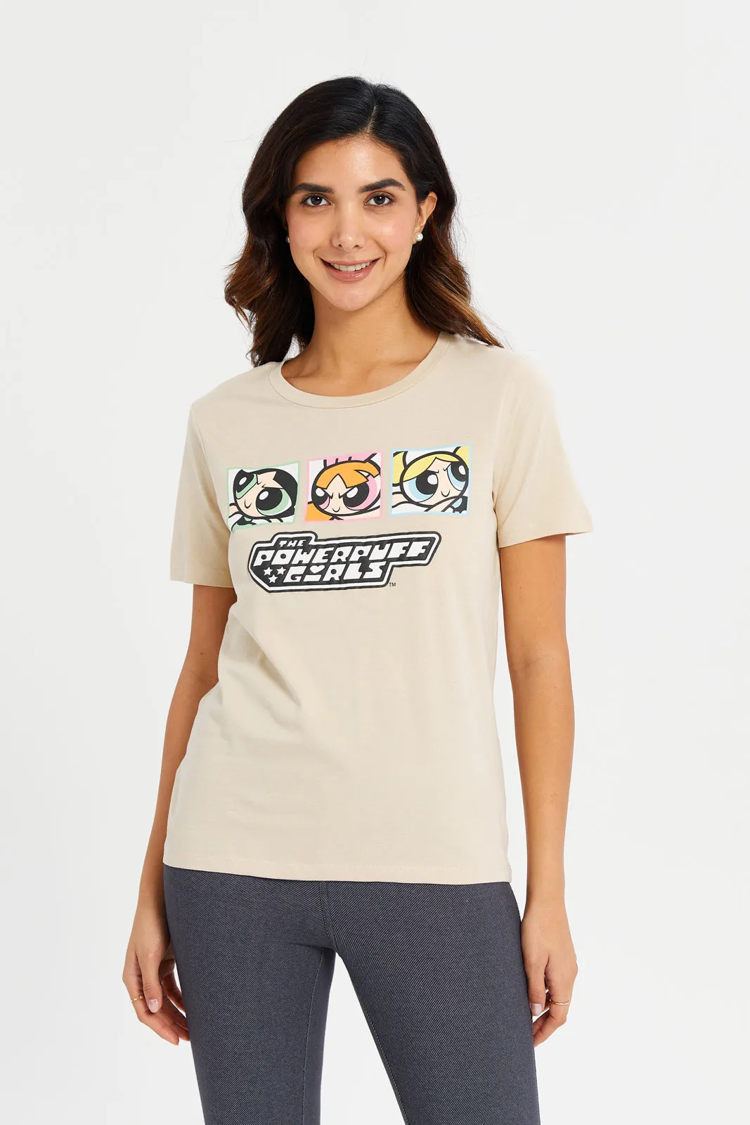 Women Beige Powerpuff Girls T-Shirt