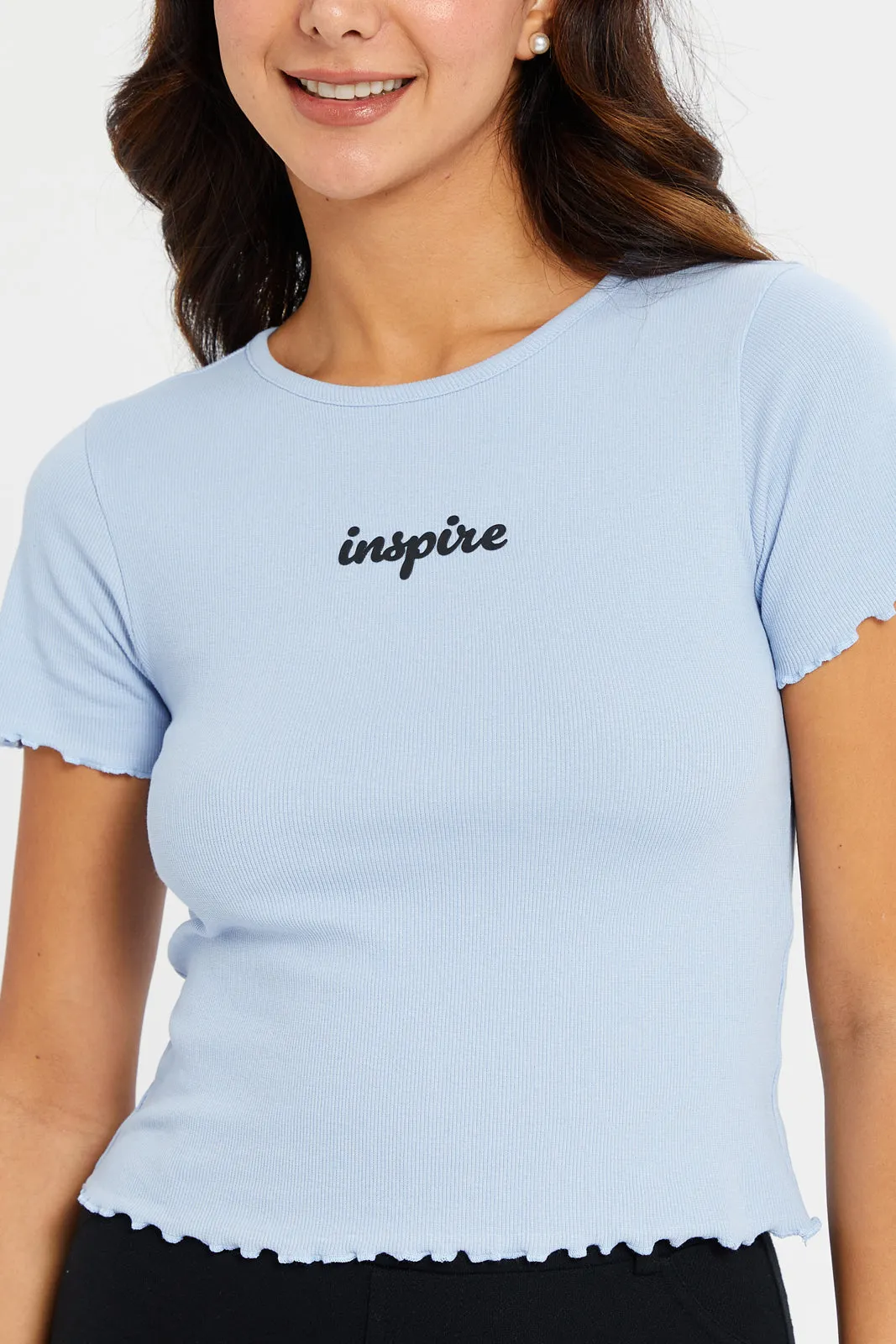 Women Blue Inspire Ribbed T-Shirt