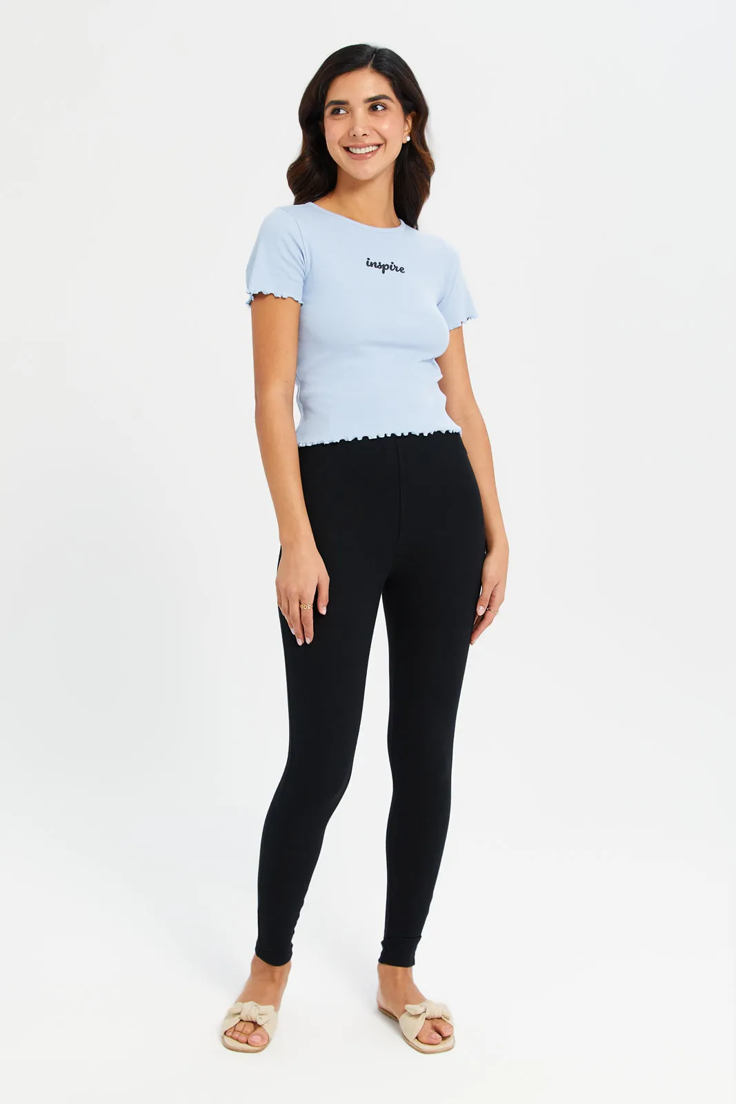 Women Blue Inspire Ribbed T-Shirt