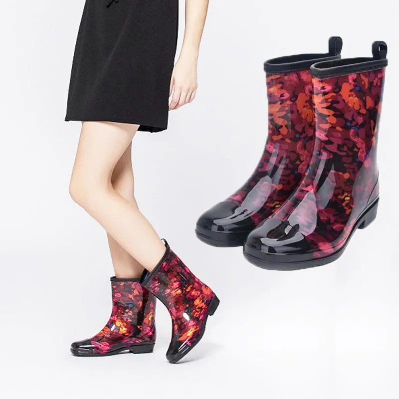 Women fashion rain boots mid calf waterproof rain shoes