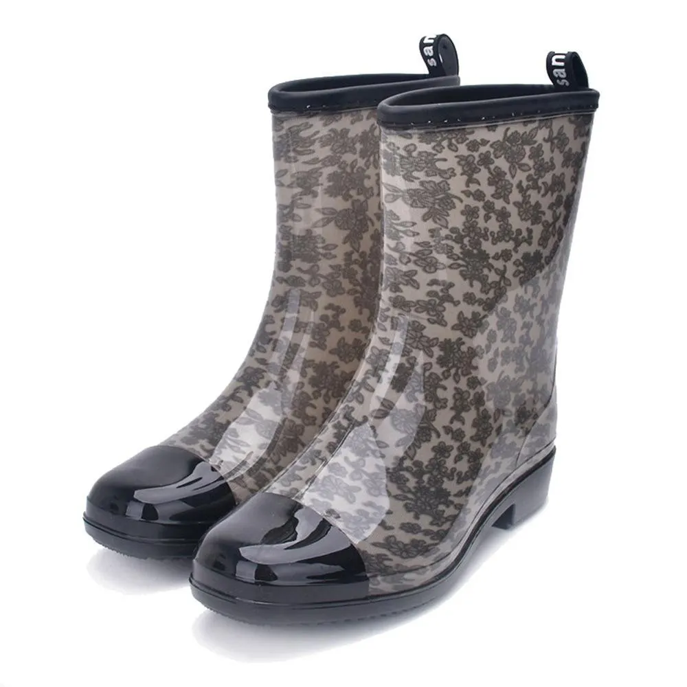 Women fashion rain boots mid calf waterproof rain shoes