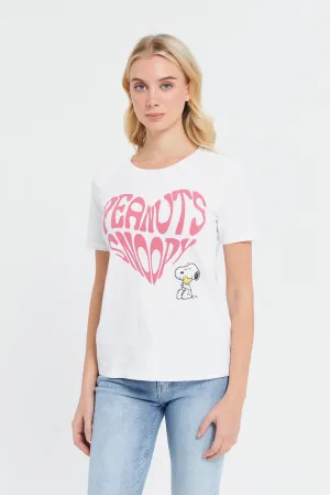 Women White Snoopy Printed T-Shirt