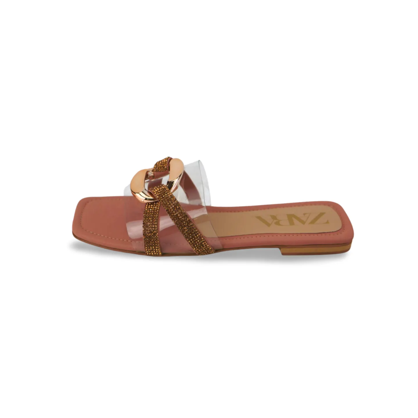 Women's Pink Flat Sandals with Clear Strap and Gold Chain Buckle